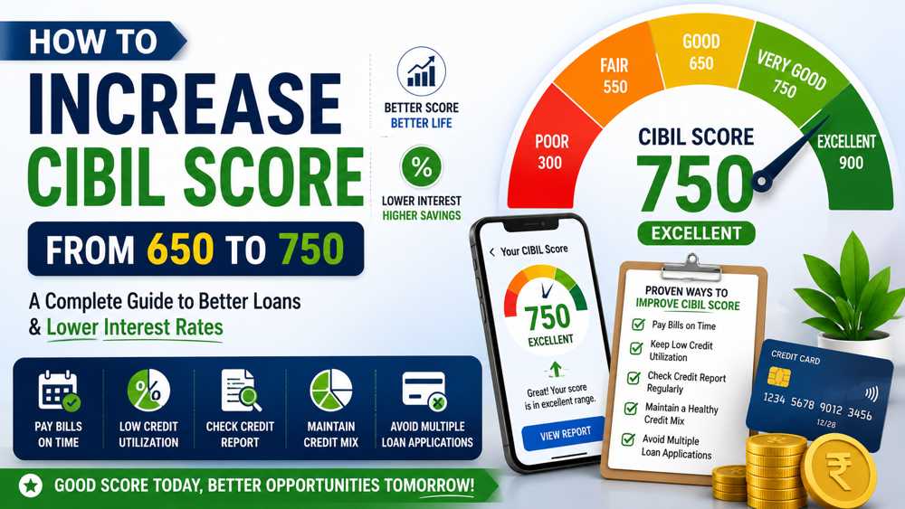 Increase CIBIL score from 650 to 750 guide showing credit score improvement tips, better loan eligibility, lower interest rates, and financial health.
