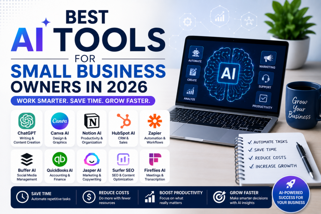 Featured image showing the best AI tools for small business owners in 2026 with a laptop displaying AI technology, business automation icons, productivity tools, marketing, CRM, accounting, and workflow management software.