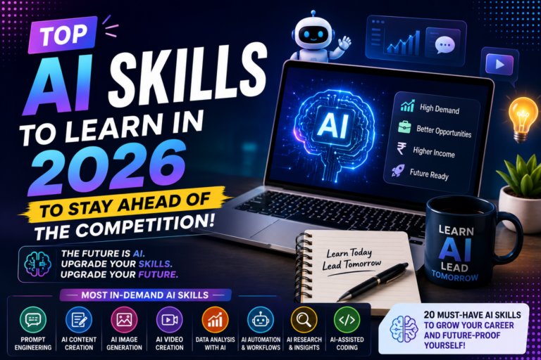 Featured image showing the top AI skills to learn in 2026, including prompt engineering, AI content creation, automation, data analysis, AI research, and coding, with a futuristic AI workspace and laptop.