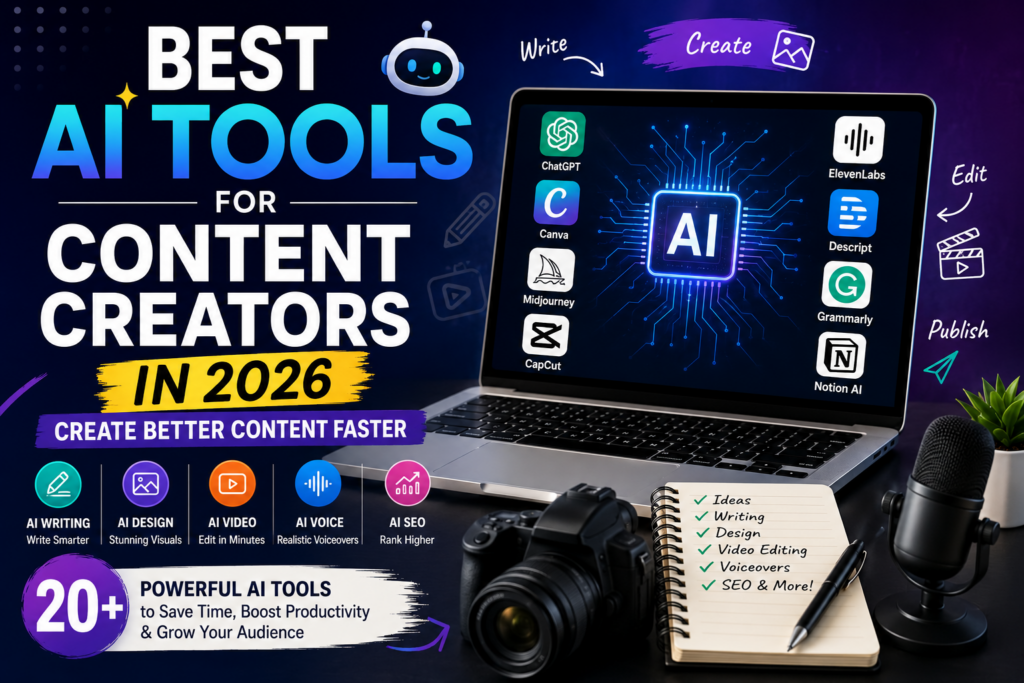 Featured image showing the best AI tools for content creators in 2026 with a laptop displaying AI software, content creation icons, camera, microphone, and design tools for blogging, YouTube, social media, and digital marketing.