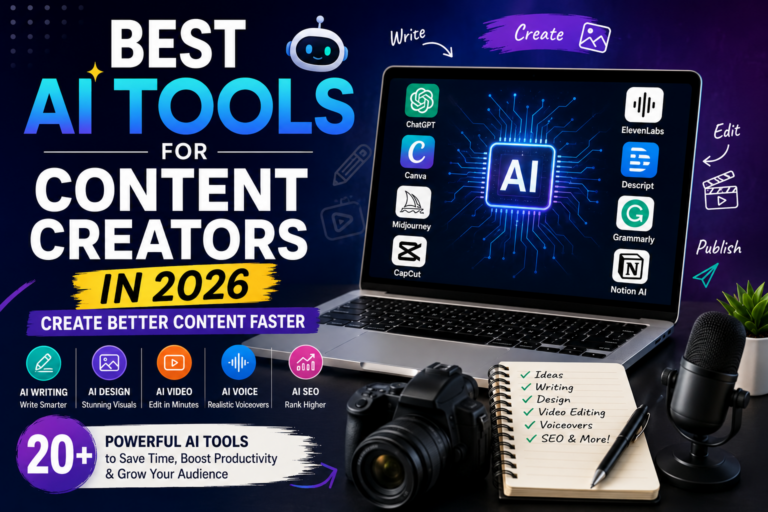Featured image showing the best AI tools for content creators in 2026 with a laptop displaying AI software, content creation icons, camera, microphone, and design tools for blogging, YouTube, social media, and digital marketing.