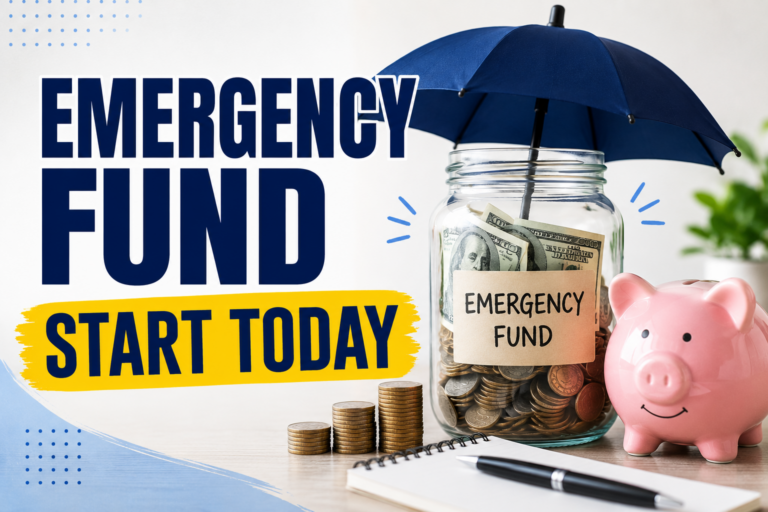 Emergency fund illustration showing a savings jar filled with cash and coins protected by an umbrella, alongside a piggy bank and growing savings.
