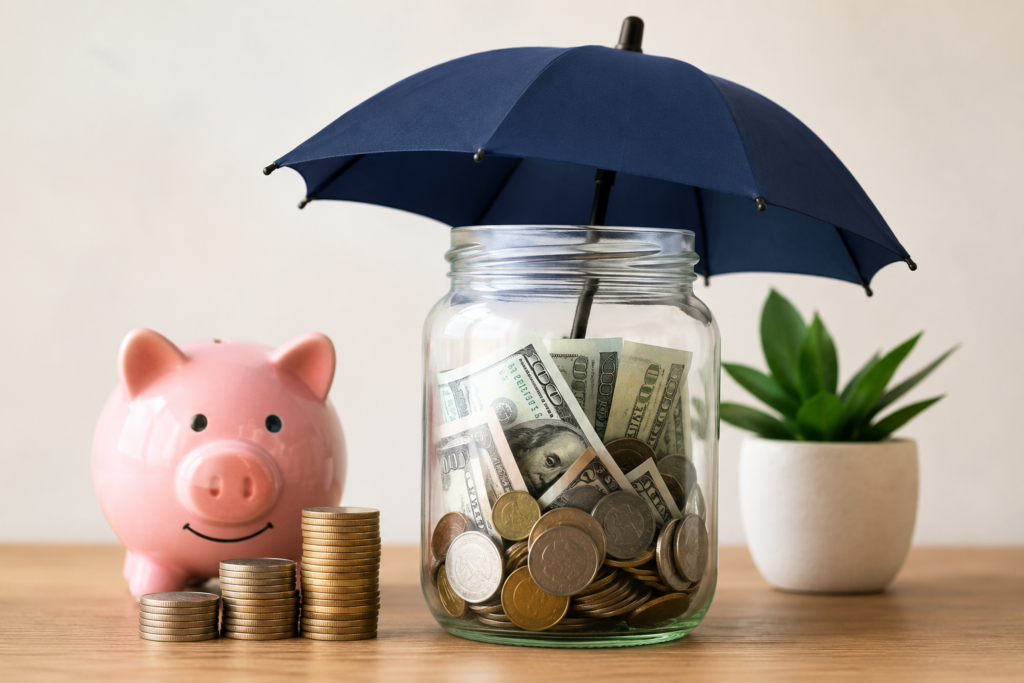 Emergency fund concept showing a savings jar filled with cash and coins protected by an umbrella alongside a piggy bank and growing savings.