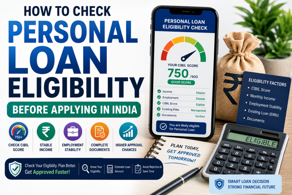 Featured image showing how to check personal loan eligibility before applying in India, including CIBIL score, monthly income, employment stability, existing EMIs, and document verification for loan approval.