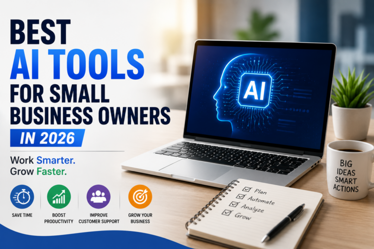 Featured image showing a laptop with an AI interface, business workspace, notebook, and office setup representing AI for small business owners in 2026.