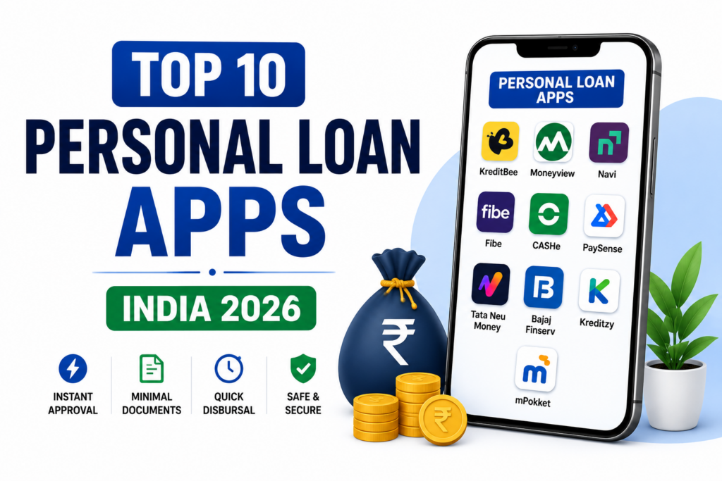 Top personal loan apps in India for 2026 featuring KreditBee, Moneyview, Navi, Fibe, CASHe, PaySense, Bajaj Finserv, and other instant loan providers.