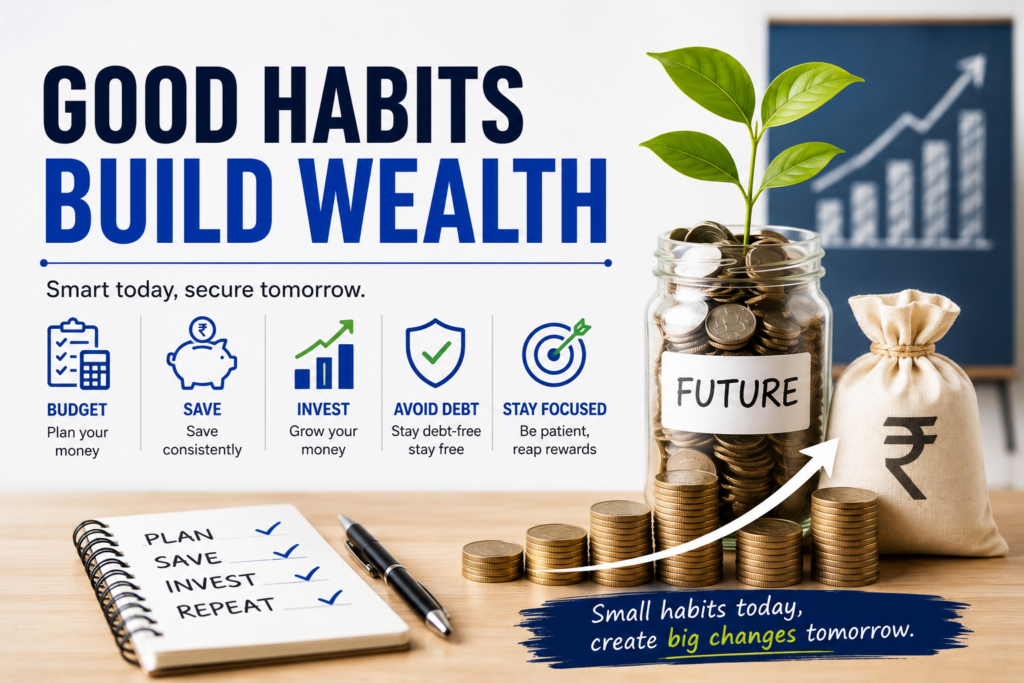 Illustration showing how good financial habits build wealth, featuring budgeting, saving, investing, debt avoidance, and long-term financial growth with coins, a money jar, and a growing plant.