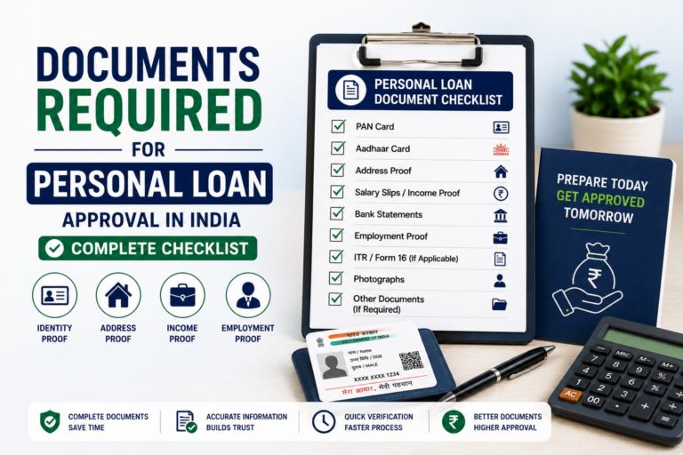 Featured image showing the documents required for personal loan approval in India, including PAN Card, Aadhaar Card, address proof, salary slips, bank statements, employment proof, and a personal loan document checklist.