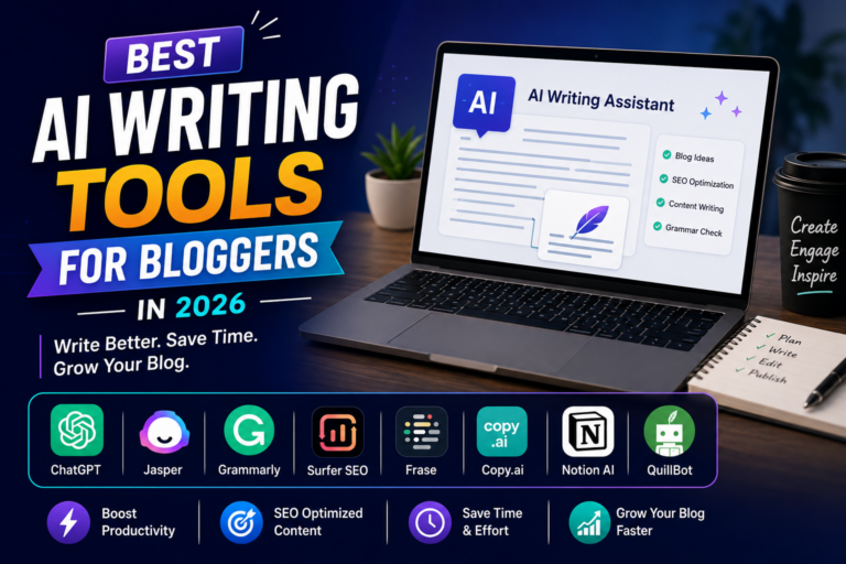 Best AI writing tools for bloggers in 2026 featured image with AI writing assistant and blogging workspace.