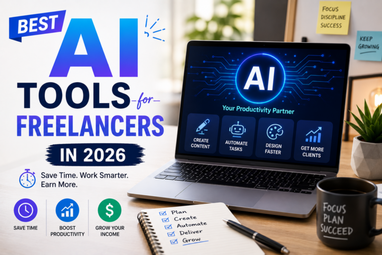 Best AI tools for freelancers in 2026 featured image with AI workspace and laptop.
