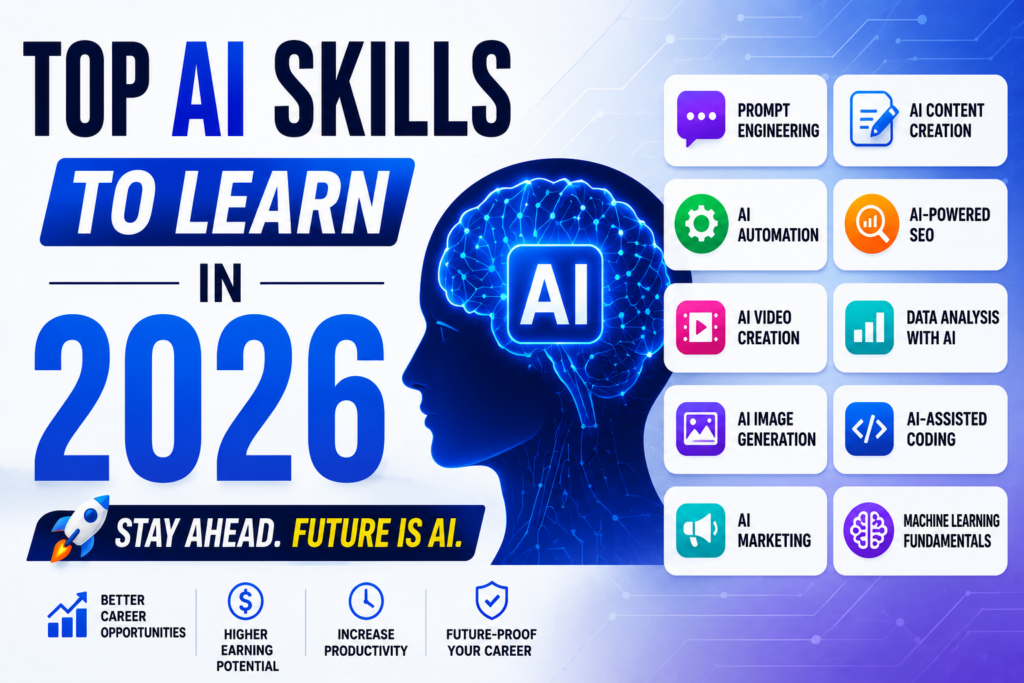 Top AI skills to learn in 2026 including prompt engineering, AI automation, AI content creation, SEO, and machine learning.