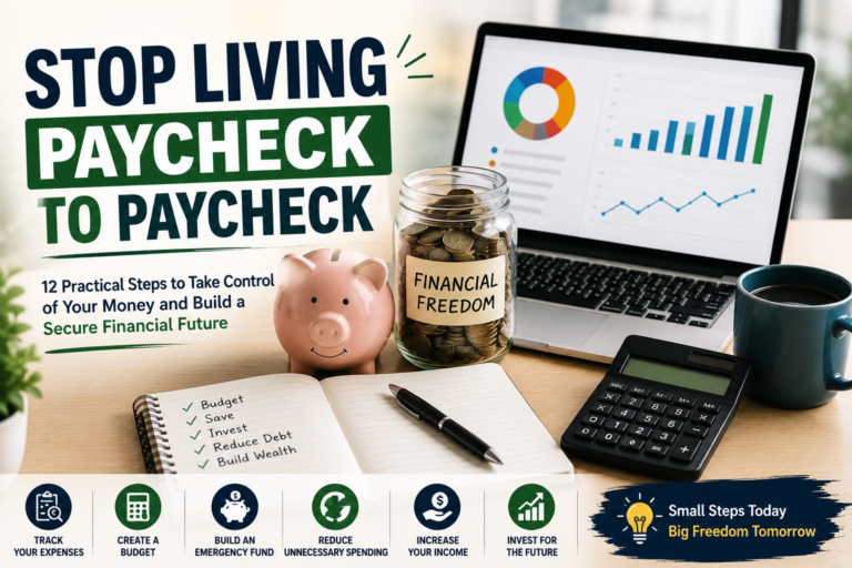 Personal finance concept showing a piggy bank, savings jar, calculator, laptop with financial charts, and budgeting tools representing how to stop living paycheck to paycheck and build financial freedom.