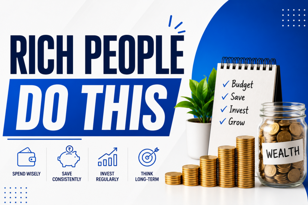 Finance-themed featured image showing the text "Rich People Do This" with symbols of budgeting, saving, investing, and long-term wealth building.