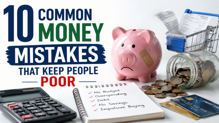 Common money mistakes illustration showing a piggy bank, calculator, credit cards, savings jar, and budgeting notebook representing poor financial habits.