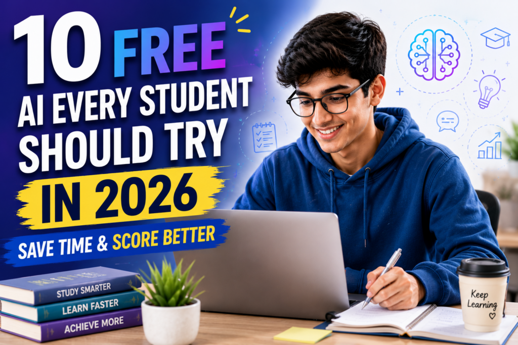 Student using AI-powered study tools on a laptop with the headline "10 Free AI Tools Every Student Should Try in 2026 – Save Time & Score Better."