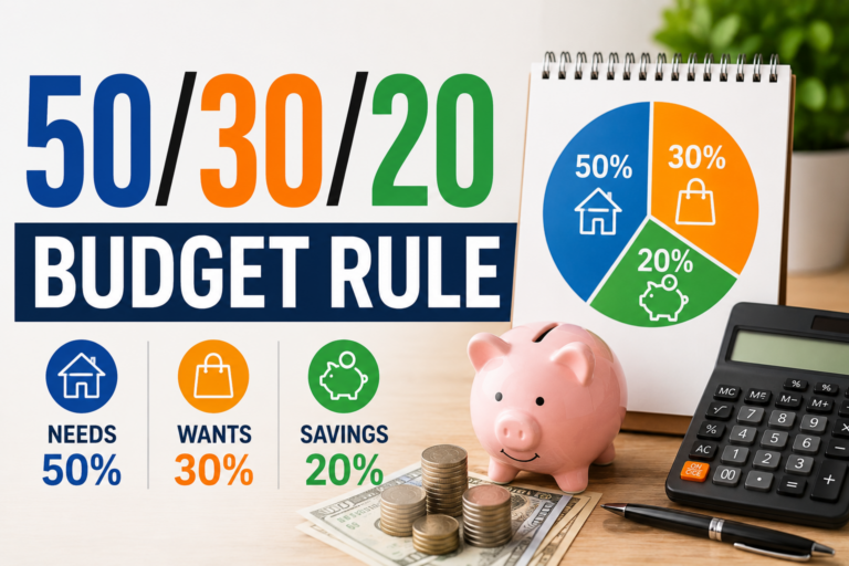 50/30/20 budget rule infographic showing spending allocation for needs, wants, and savings with a piggy bank, calculator, and financial planning tools.