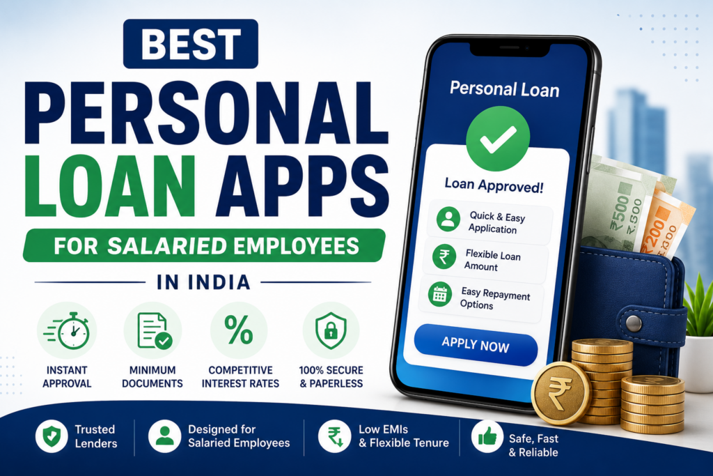Featured image showing a smartphone with a personal loan app, wallet, cash, and coins representing digital personal loans for salaried employees in India.