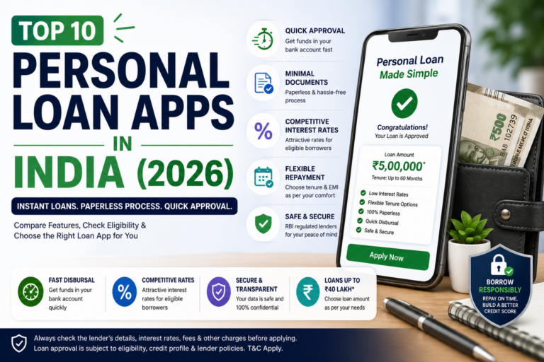Featured image for Top 10 Personal Loan Apps in India (2026), showing a smartphone with instant personal loan approval, digital lending, paperless application process, quick approval, flexible EMI options, and secure online borrowing.