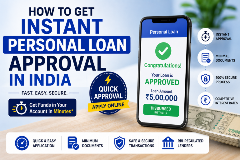 Featured image for How to Get Instant Personal Loan Approval in India showing a smartphone with loan approval, fast online application, secure digital lending, and quick approval process.