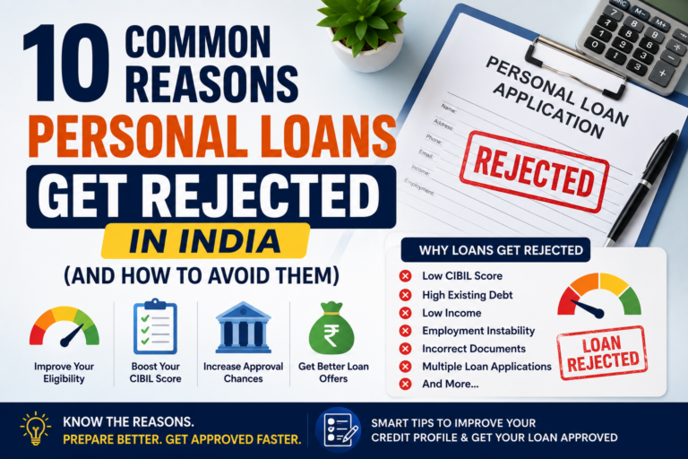 Featured image showing the 10 common reasons personal loans get rejected in India, including low CIBIL score, high existing debt, low income, employment instability, and incorrect loan documents.