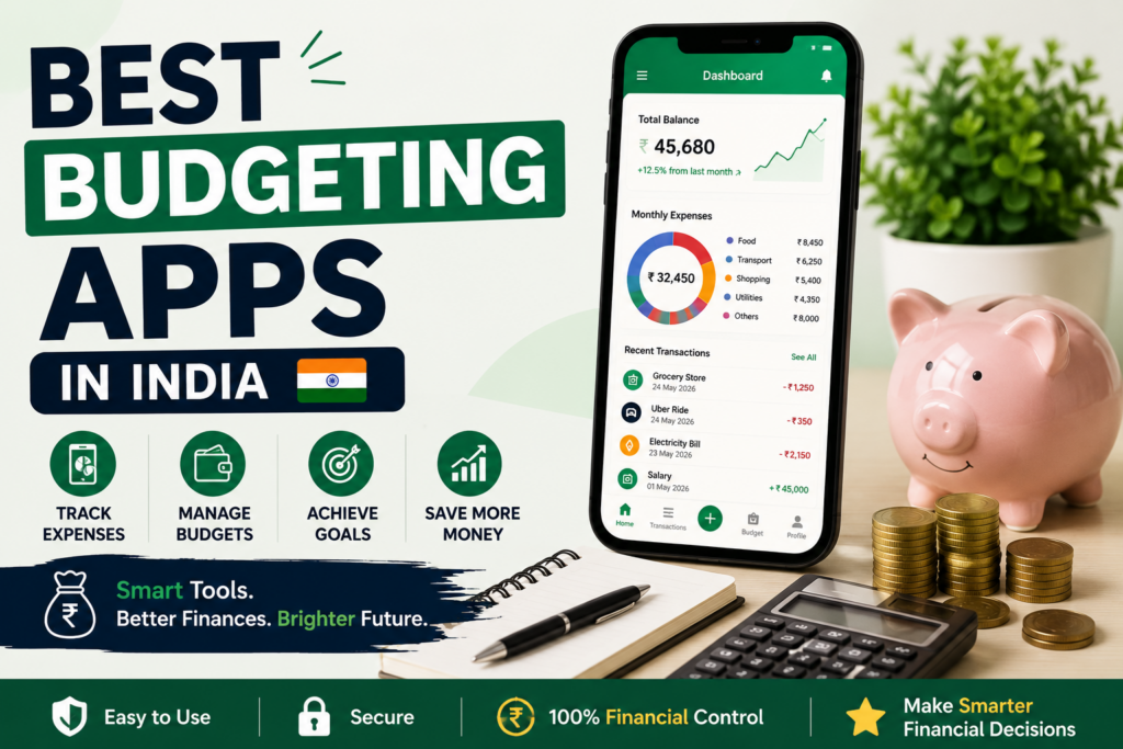Best budgeting apps in India concept showing a piggy bank, smartphone, tablet with financial charts, calculator, notebook, and coins for expense tracking and money management.