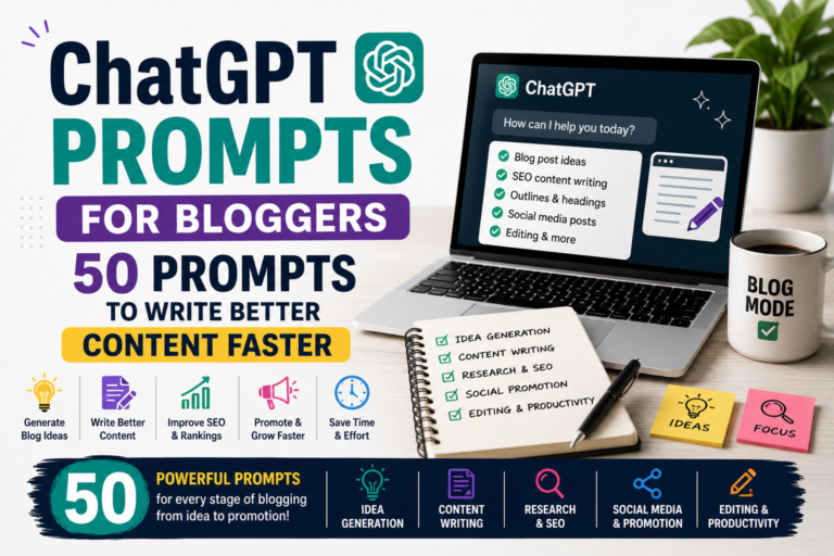 Featured image for ChatGPT Prompts for Bloggers showing a laptop with ChatGPT, blogging workspace, and AI-powered content creation concept to help bloggers write better content faster.