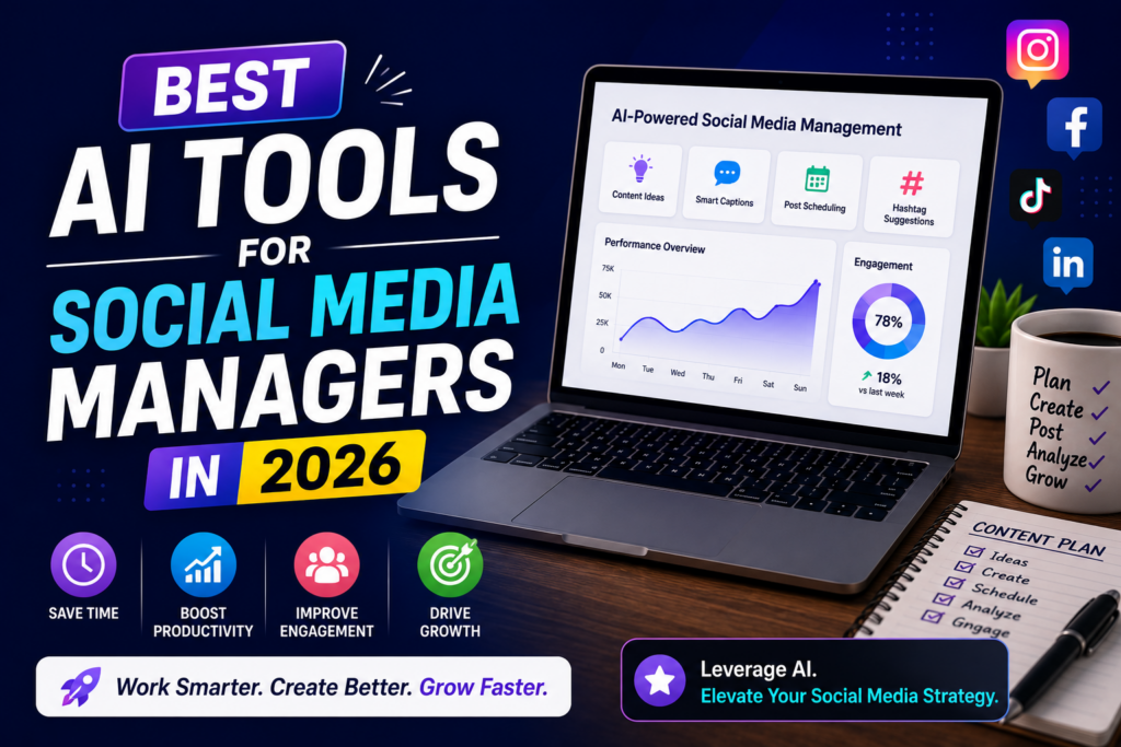 Best AI tools for social media managers in 2026 featured image with AI-powered social media management workspace.