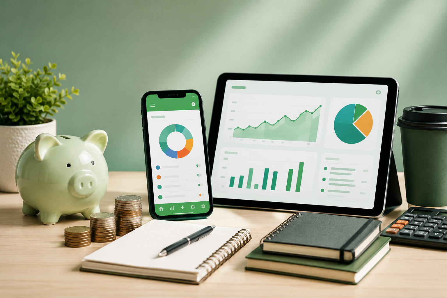Best budgeting apps in India concept showing a piggy bank, smartphone, tablet with financial charts, calculator, notebook, and coins for expense tracking and money management.