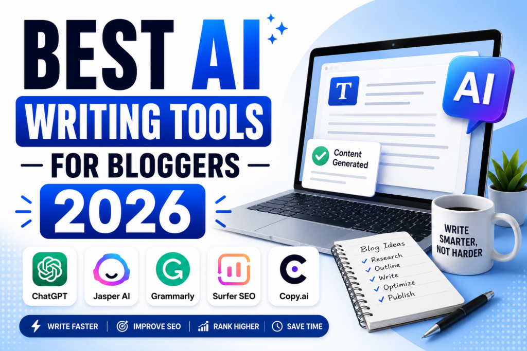 Best AI writing tools for bloggers in 2026 including ChatGPT, Jasper AI, Grammarly, Surfer SEO, and Copy.ai