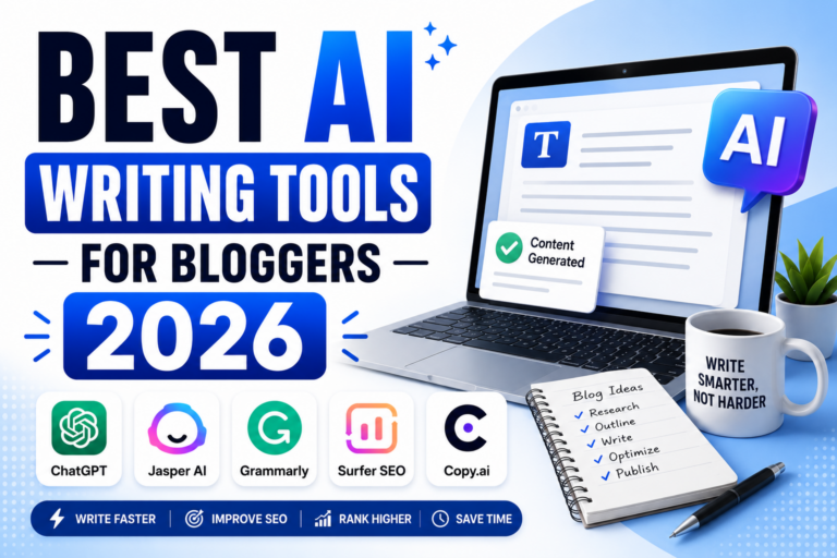 Best AI writing tools for bloggers in 2026 including ChatGPT, Jasper AI, Grammarly, Surfer SEO, and Copy.ai.
