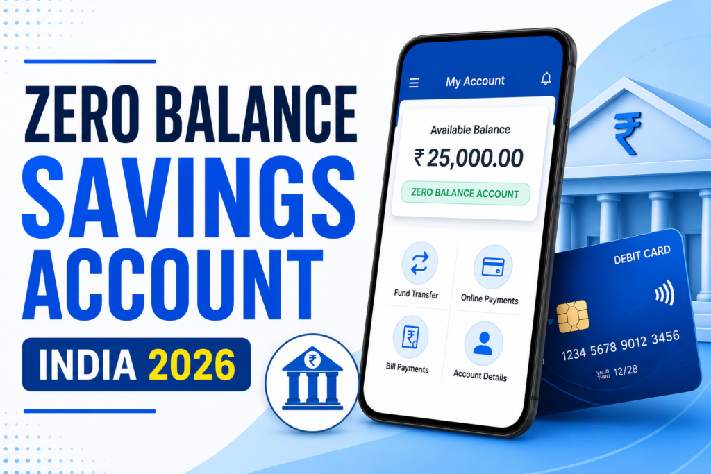 Best zero balance savings accounts in India for 2026 with digital banking, debit card access, and no minimum balance requirement.