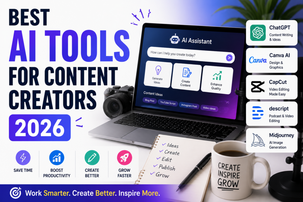 Best AI tools for content creators in 2026 including ChatGPT, Canva AI, CapCut, Descript, and Midjourney.