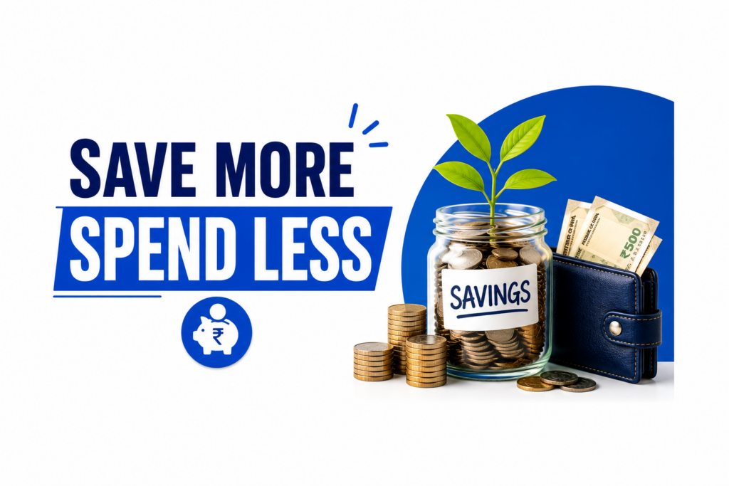 Money-saving concept showing a jar of coins and practical tips for reducing expenses and increasing monthly savings.