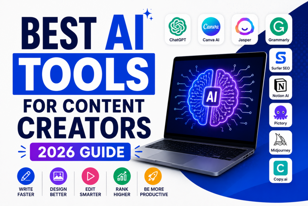 Best AI tools for content creators in 2026 including AI writing, design, video editing, SEO, and productivity software.