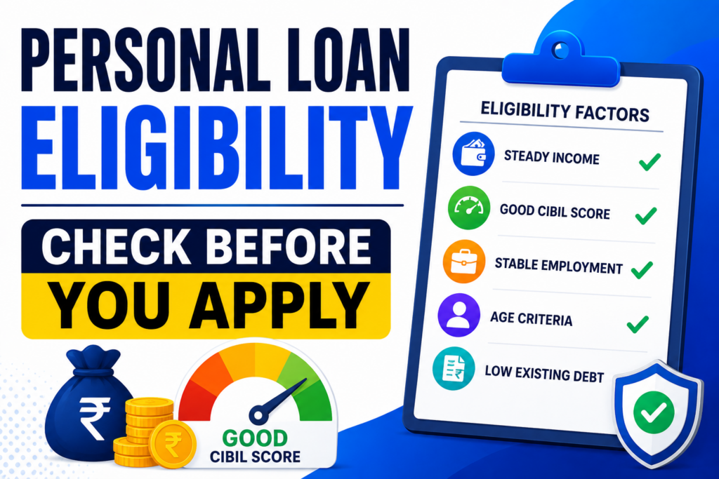 Personal loan eligibility guide showing income requirements, CIBIL score, age criteria, and factors affecting loan approval in India.