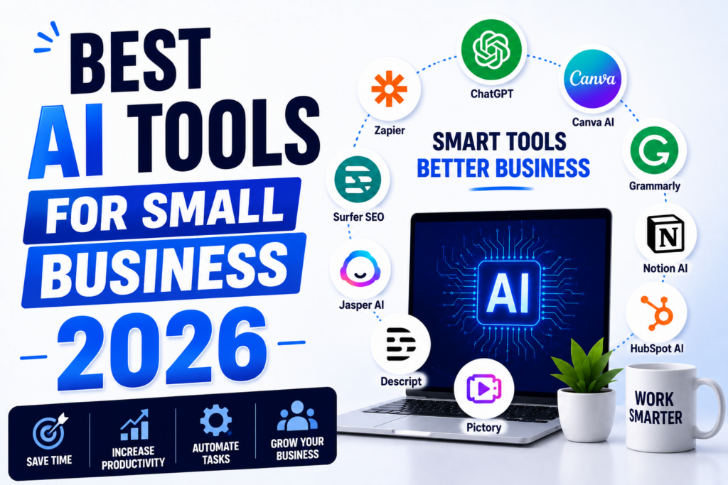 Best AI tools for small business owners in 2026 featuring ChatGPT, Canva AI, Zapier, Grammarly, Notion AI, Jasper AI, Surfer SEO, and other productivity tools for automation, marketing, and business growth.