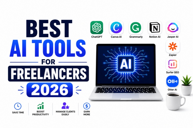 Best AI tools for freelancers in 2026 including ChatGPT, Canva AI, Grammarly, Notion AI, Zapier, Surfer SEO, and Jasper AI for productivity and business growth.