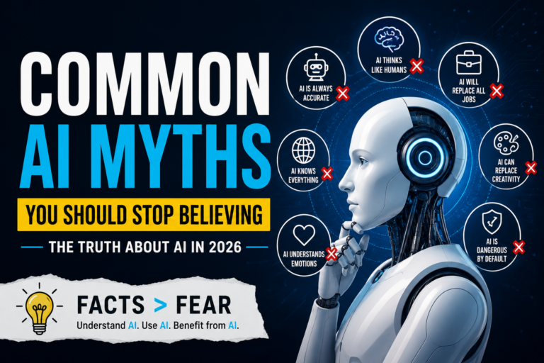 Featured image showing a futuristic AI robot surrounded by common artificial intelligence myths, highlighting misconceptions about AI in 2026.