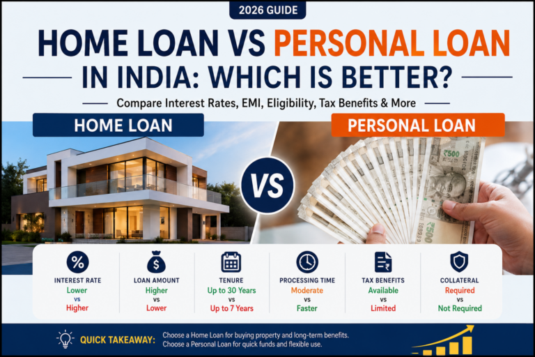 Home Loan vs Personal Loan comparison in India with house and cash.