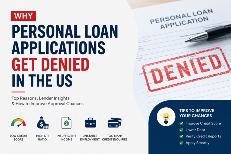 Personal loan application marked denied with key reasons for rejection in the US.