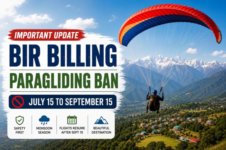 Paragliding over Bir Billing with monsoon ban update from July 15 to September 15.