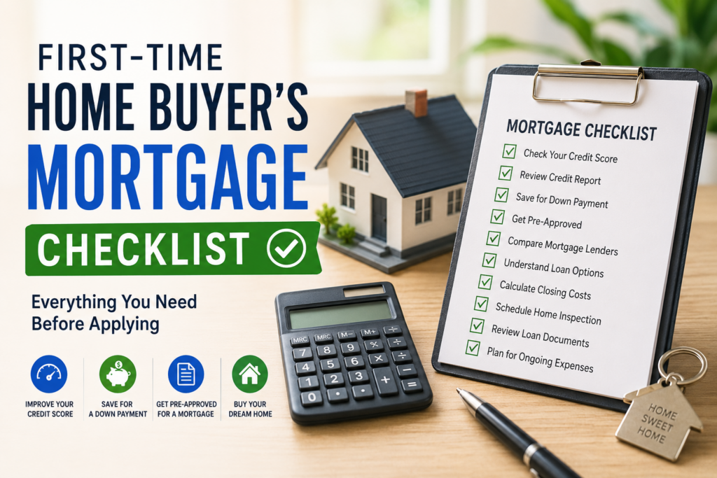 Mortgage checklist with house model, calculator, and keys for first-time home buyers.