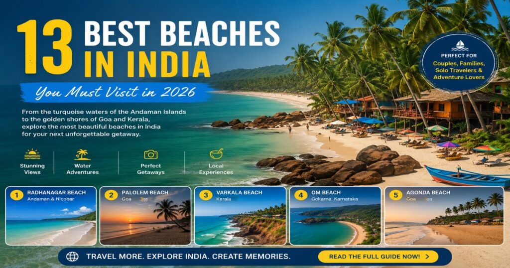 Beautiful beaches in India featuring turquoise water, palm trees, and sandy shores.