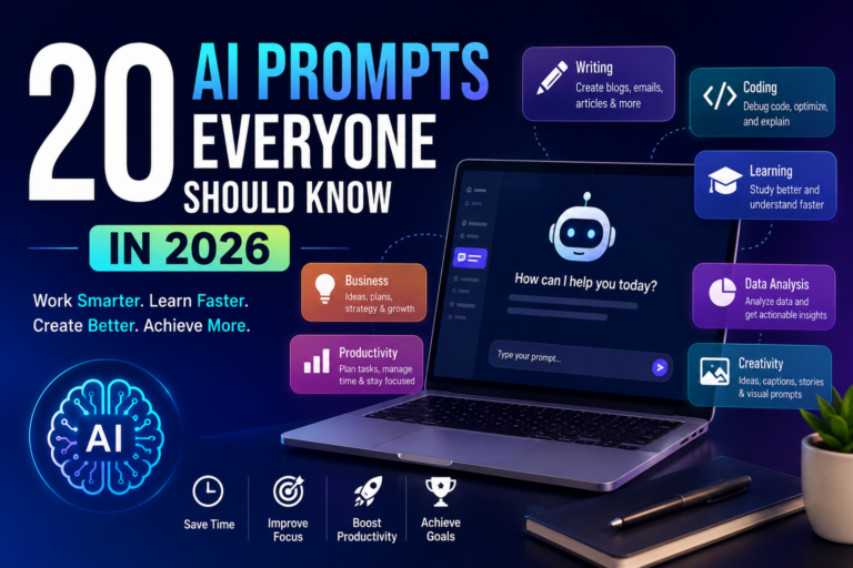 Illustration showing a person using an AI assistant with prompt examples for productivity, writing, coding, learning, and business in 2026.