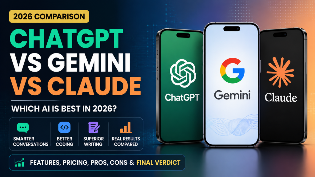 Featured image comparing ChatGPT, Google Gemini, and Claude AI chatbots in 2026 with logos, features, pricing, and final verdict.