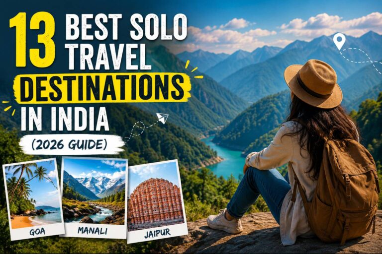 Solo traveler overlooking scenic mountains in India representing the 13 best solo travel destinations in India for 2026.