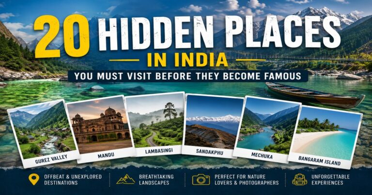 Featured image showcasing hidden travel destinations in India, including Gurez Valley, Mandu, Lambasingi, Sandakphu, Mechuka, and Bangaram Island.